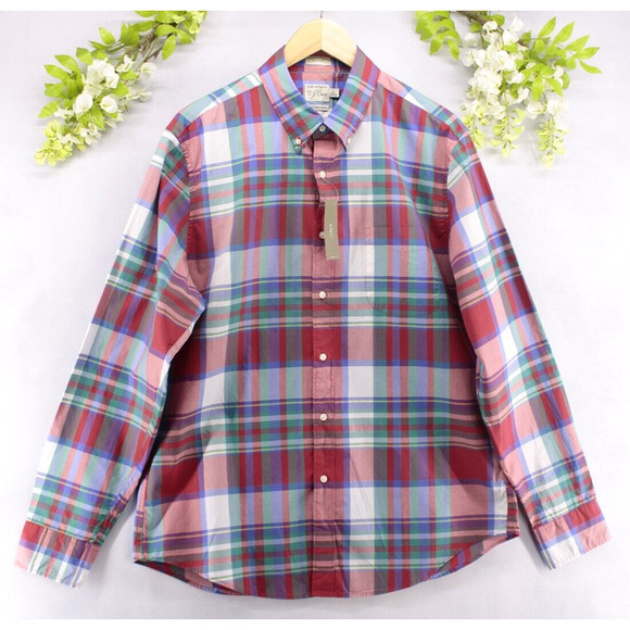 J. Crew Men's Shirt Cotton 100's 2-Ply Yarns Button Down Red Plaid Sz L - Picture 1 of 6